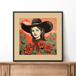 Desert Cowgirl Black Large Cowboy Hat Linocut Style Art Print - Tejas Country Club