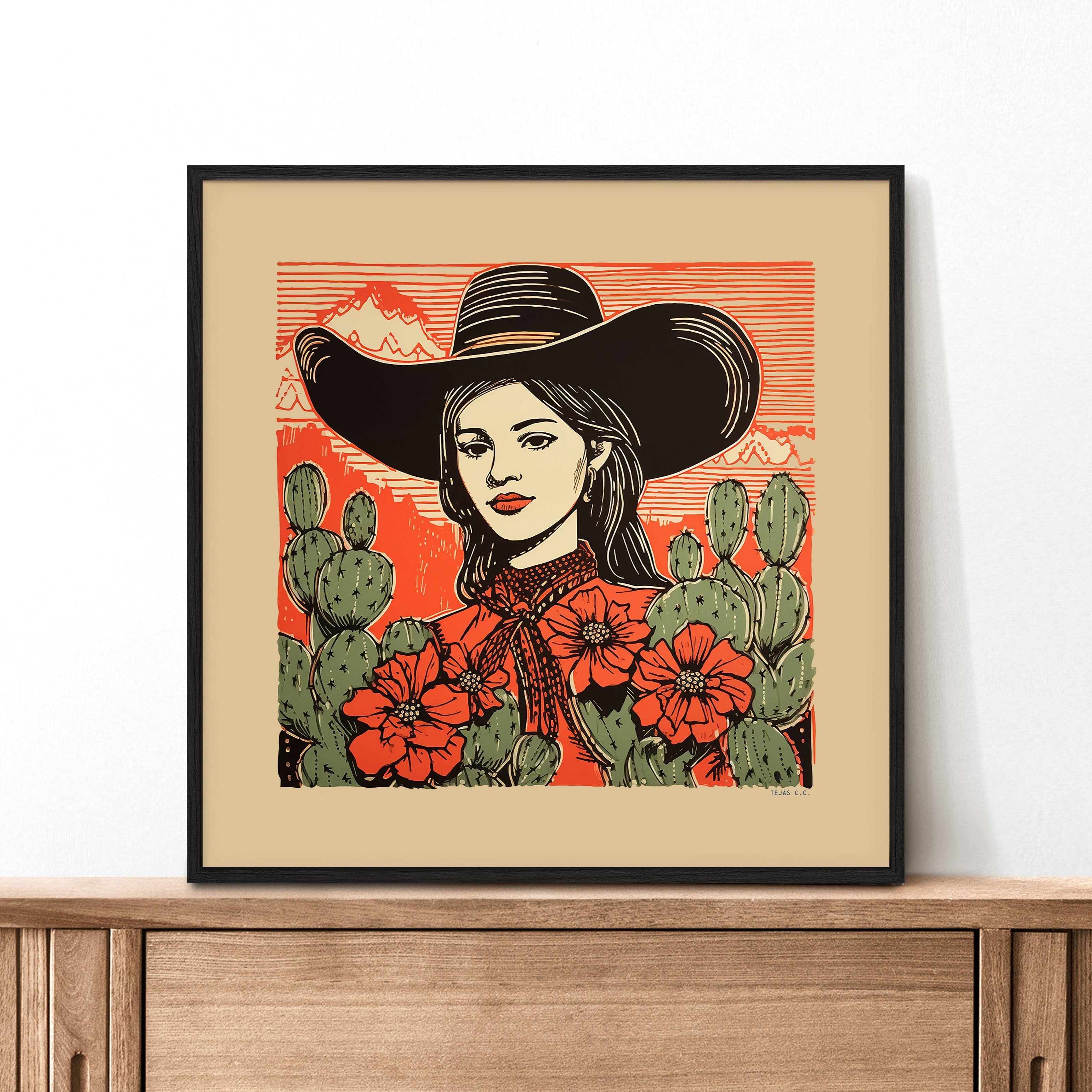 Desert Cowgirl Black Large Cowboy Hat Linocut Style Art Print - Tejas Country Club