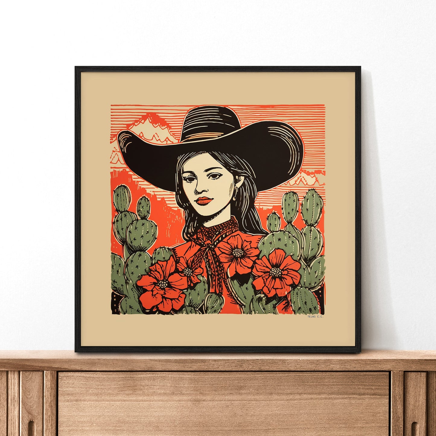 Desert Cowgirl Black Large Cowboy Hat Linocut Style Art Print