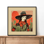 Desert Cowgirl Black Flat Brim Hat Linocut Style Art Print - Tejas Country Club
