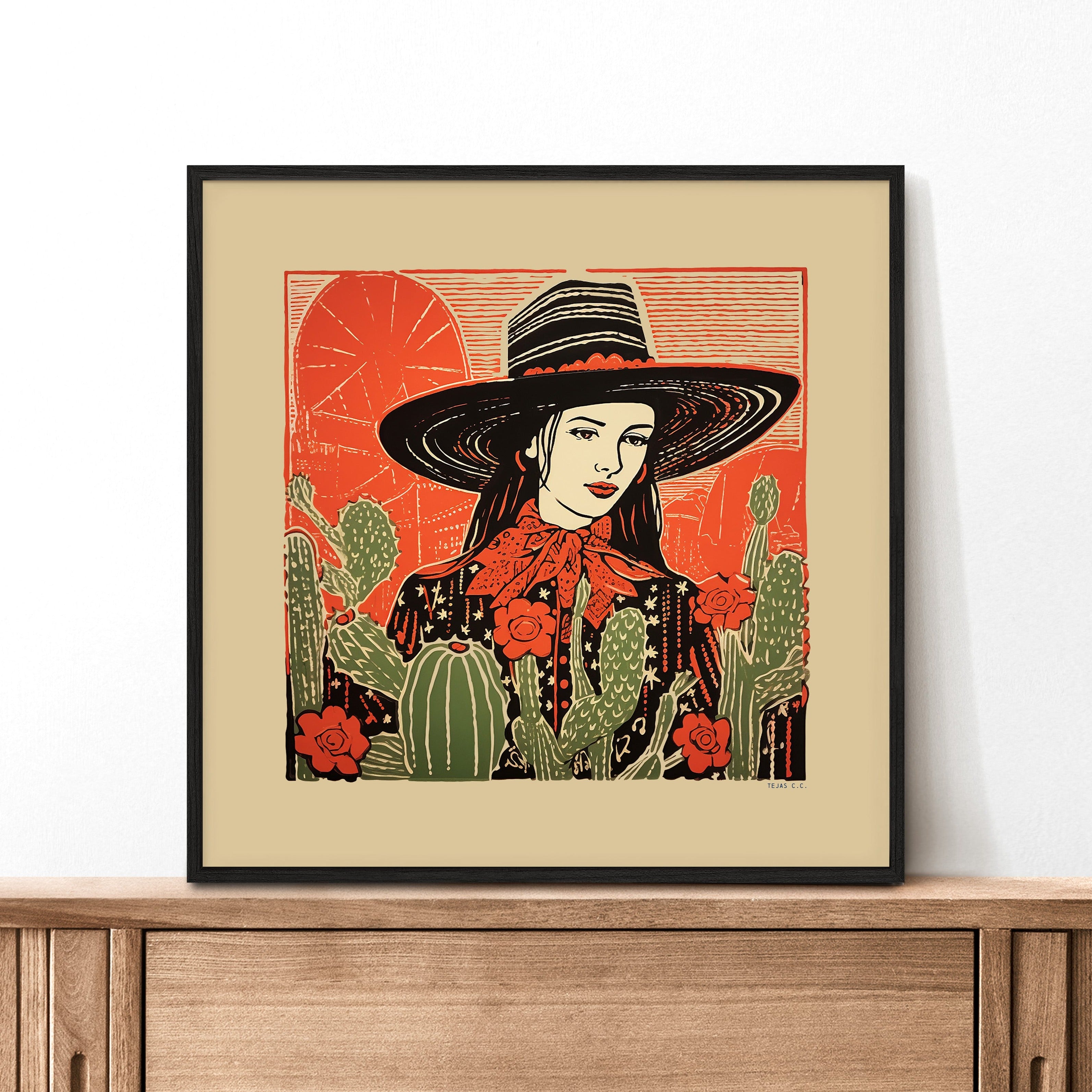 Desert Cowgirl Black Flat Brim Hat Linocut Style Art Print - Tejas Country Club