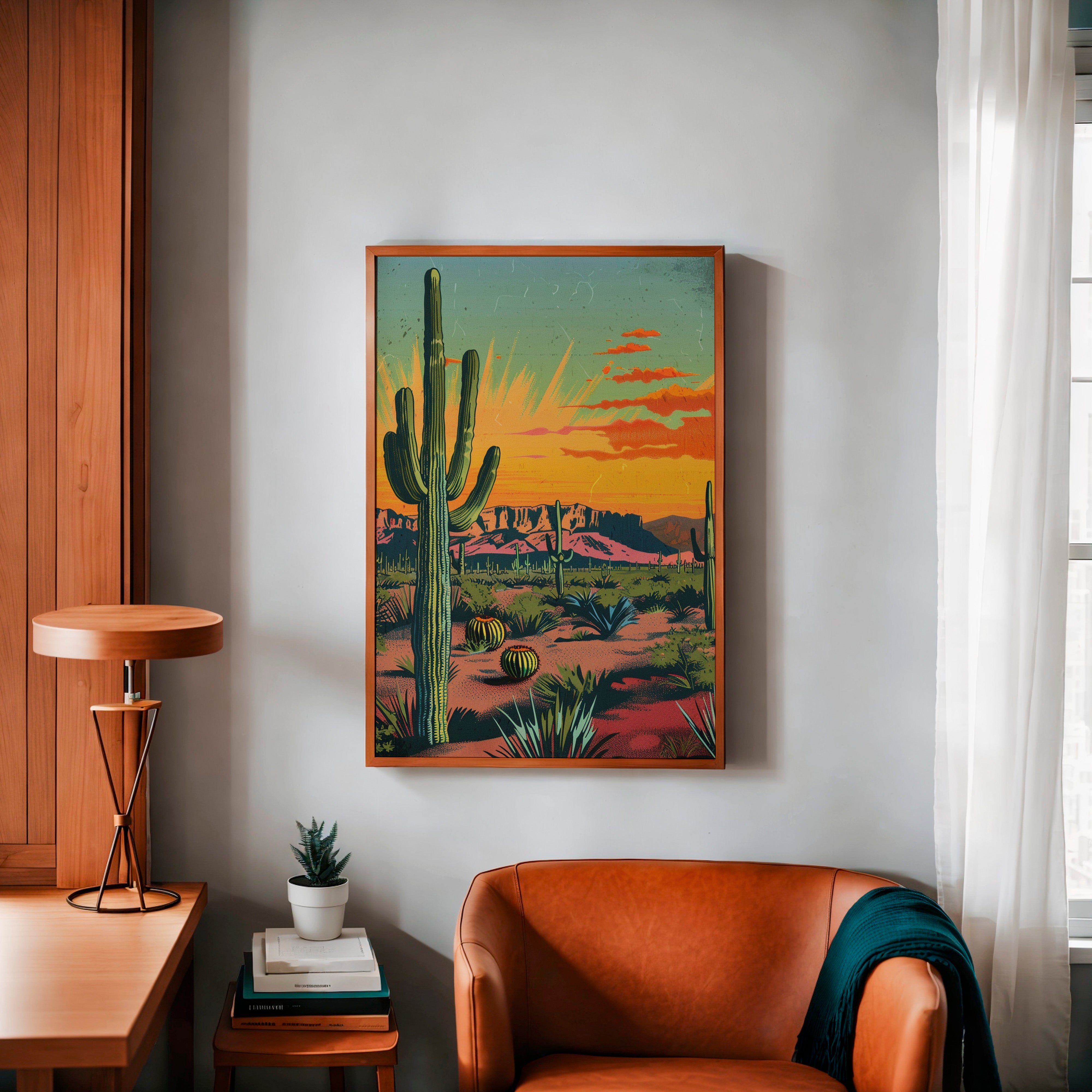 Vintage Postcard Colorful Desert Landscape Saguaro Art Print Cactus Sunburst Print - Tejas Country Club