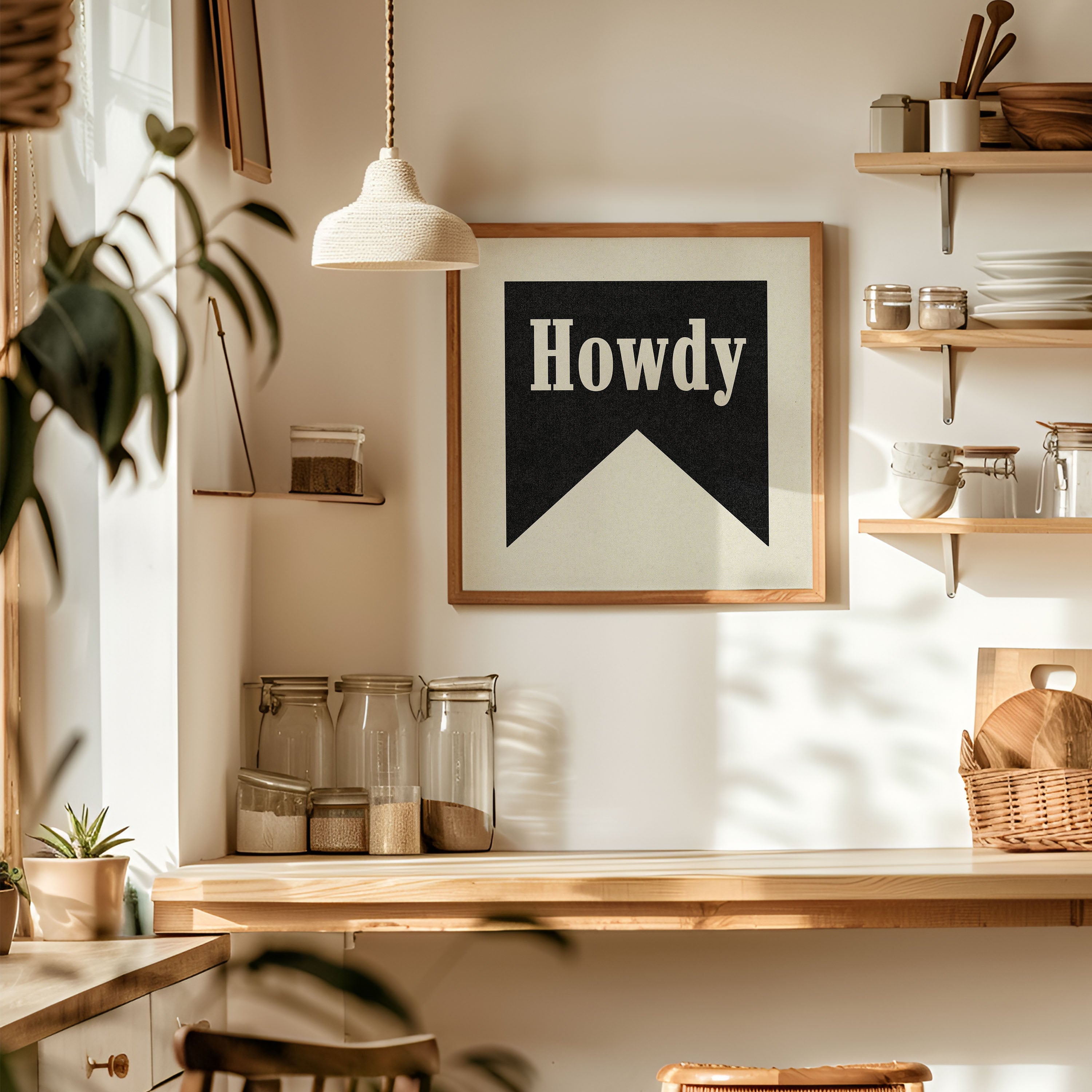 Howdy Black Banner Tab Typography Square Art Print - Tejas Country Club