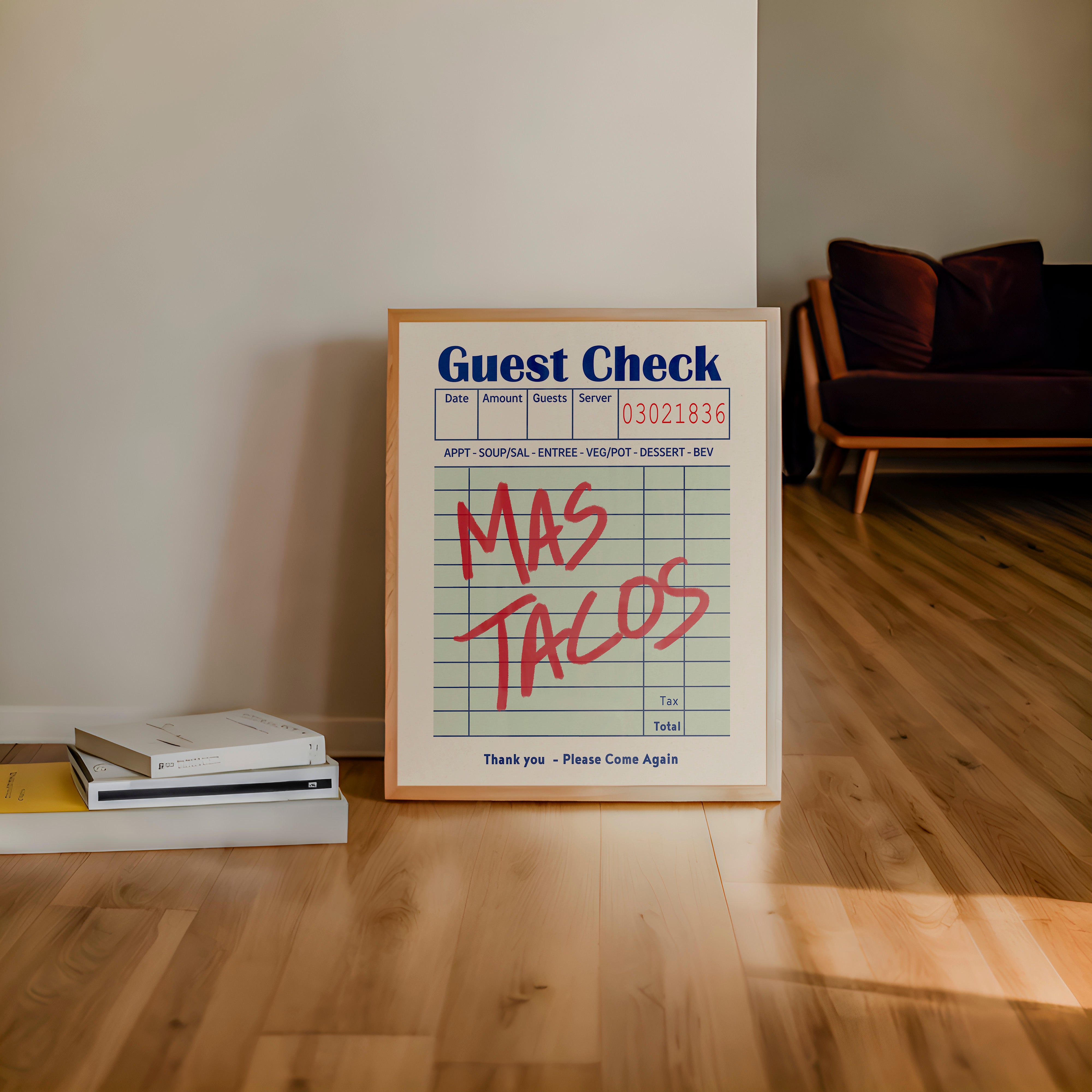 Mas Tacos Guest Check Art Print Poster - Tejas Country Club
