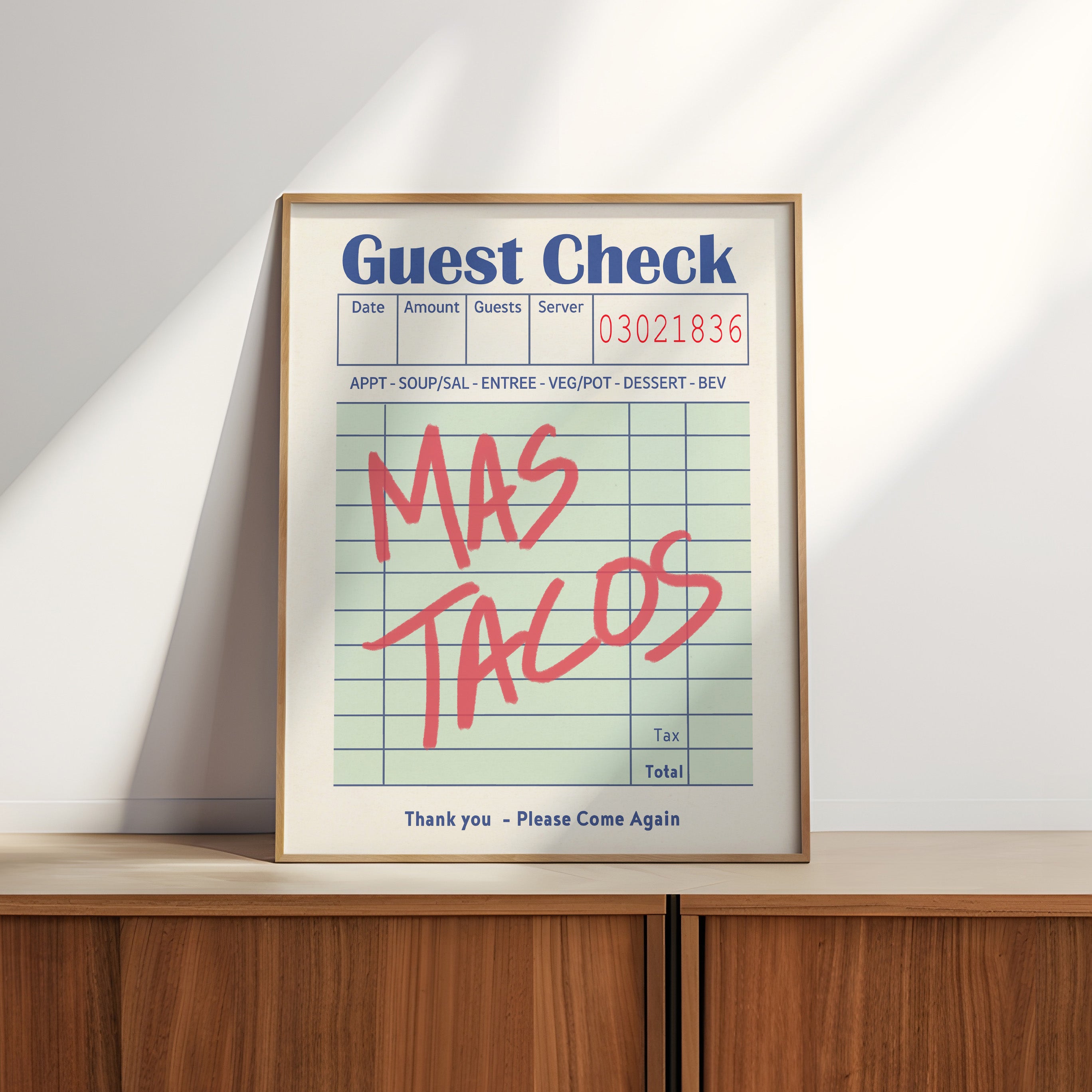 Mas Tacos Guest Check Art Print Poster - Tejas Country Club