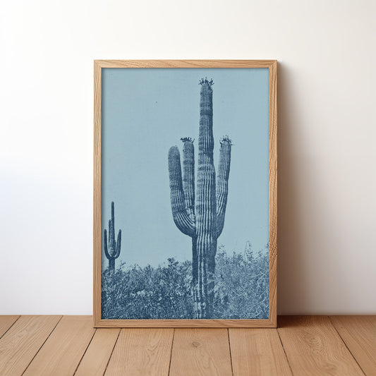 Vintage Monochromatic Desert Blue Saguaro Cactus Print