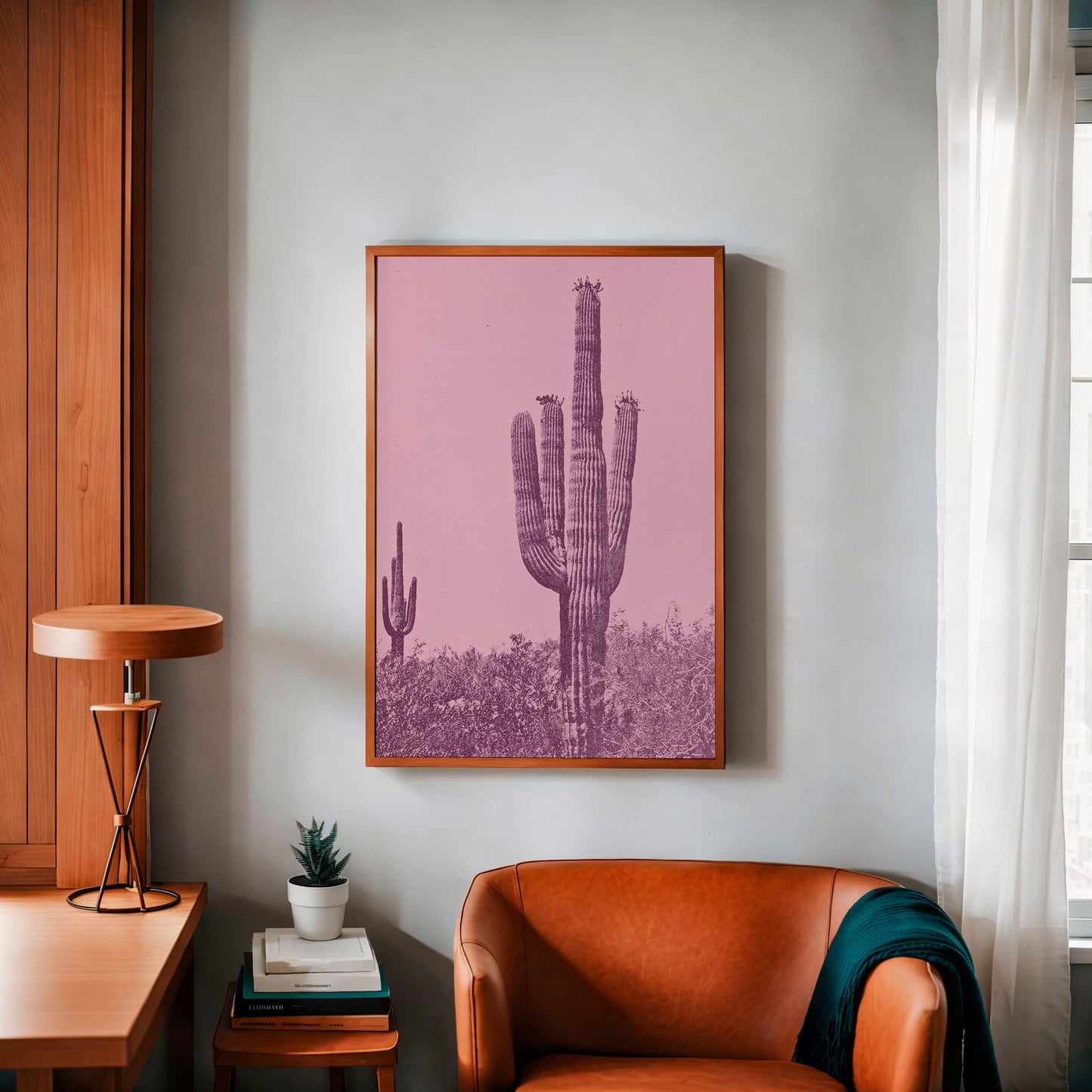 Vintage Monochromatic Desert Pink Saguaro Cactus Print