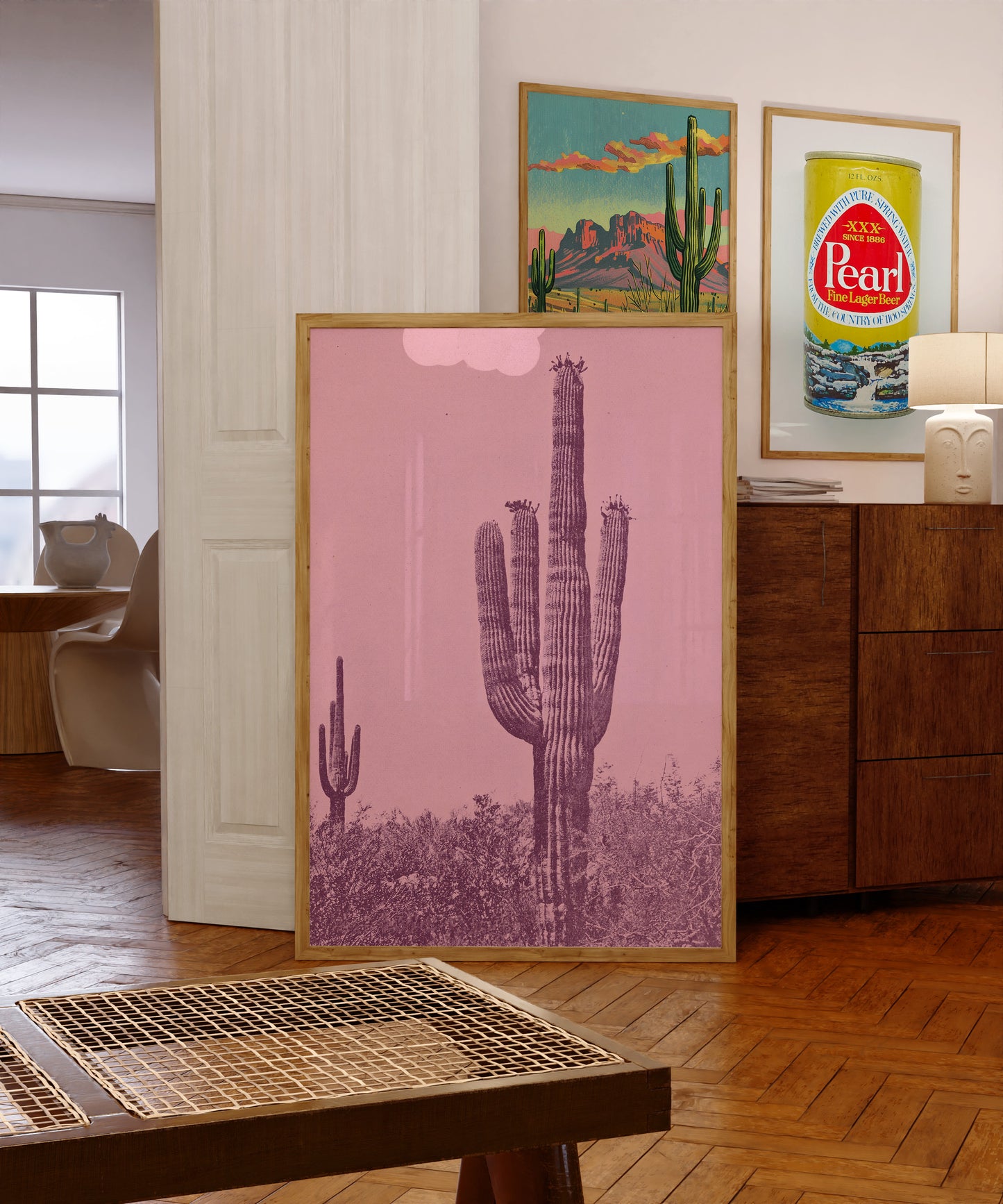 Vintage Monochromatic Desert Pink Saguaro Cactus Print