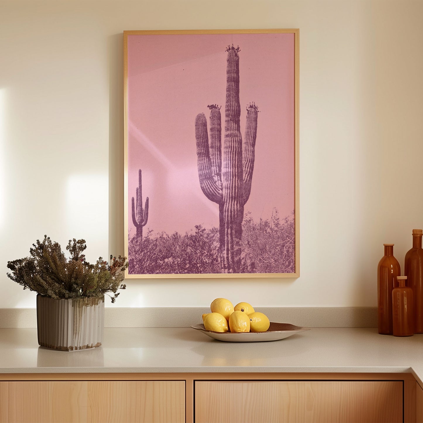 Vintage Monochromatic Desert Pink Saguaro Cactus Print