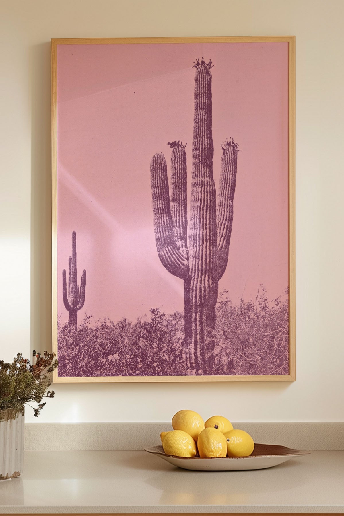 Vintage Monochromatic Desert Pink Saguaro Cactus Print