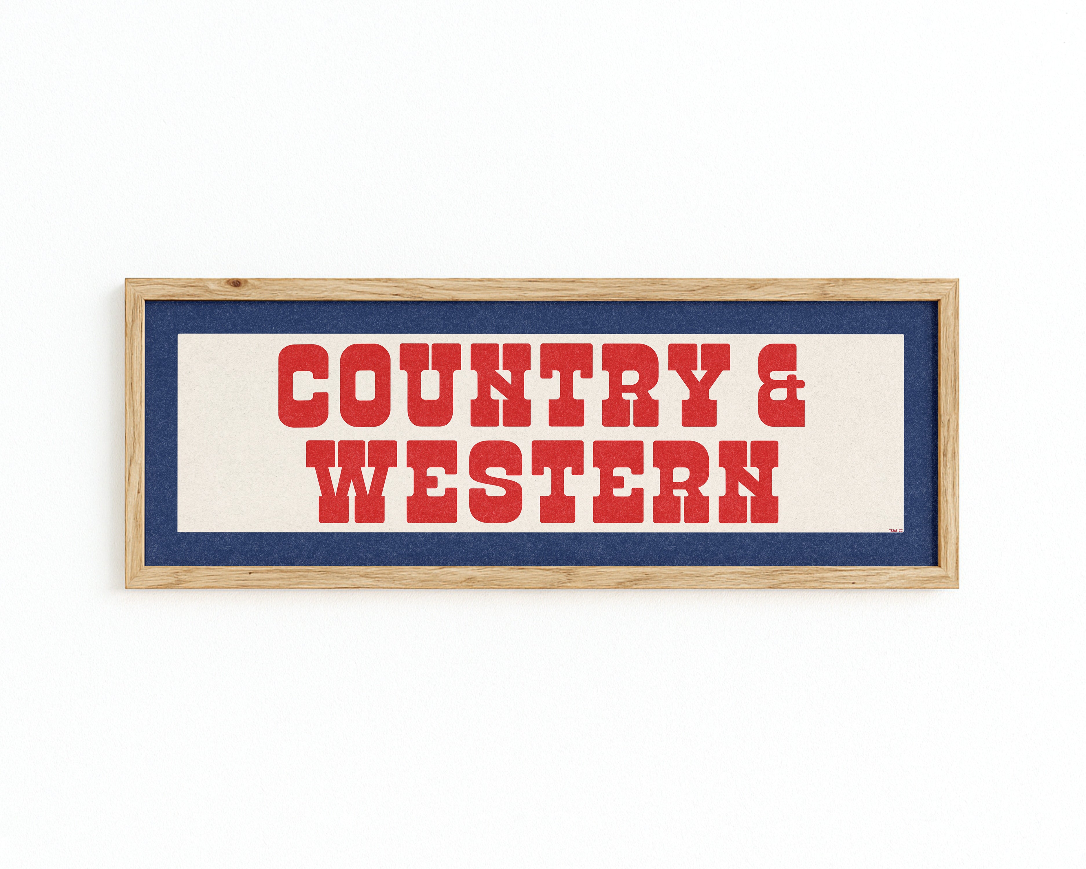 Framed COUNTRY & WESTERN Sign White & Red / Blue Art Print - Tejas Country Club