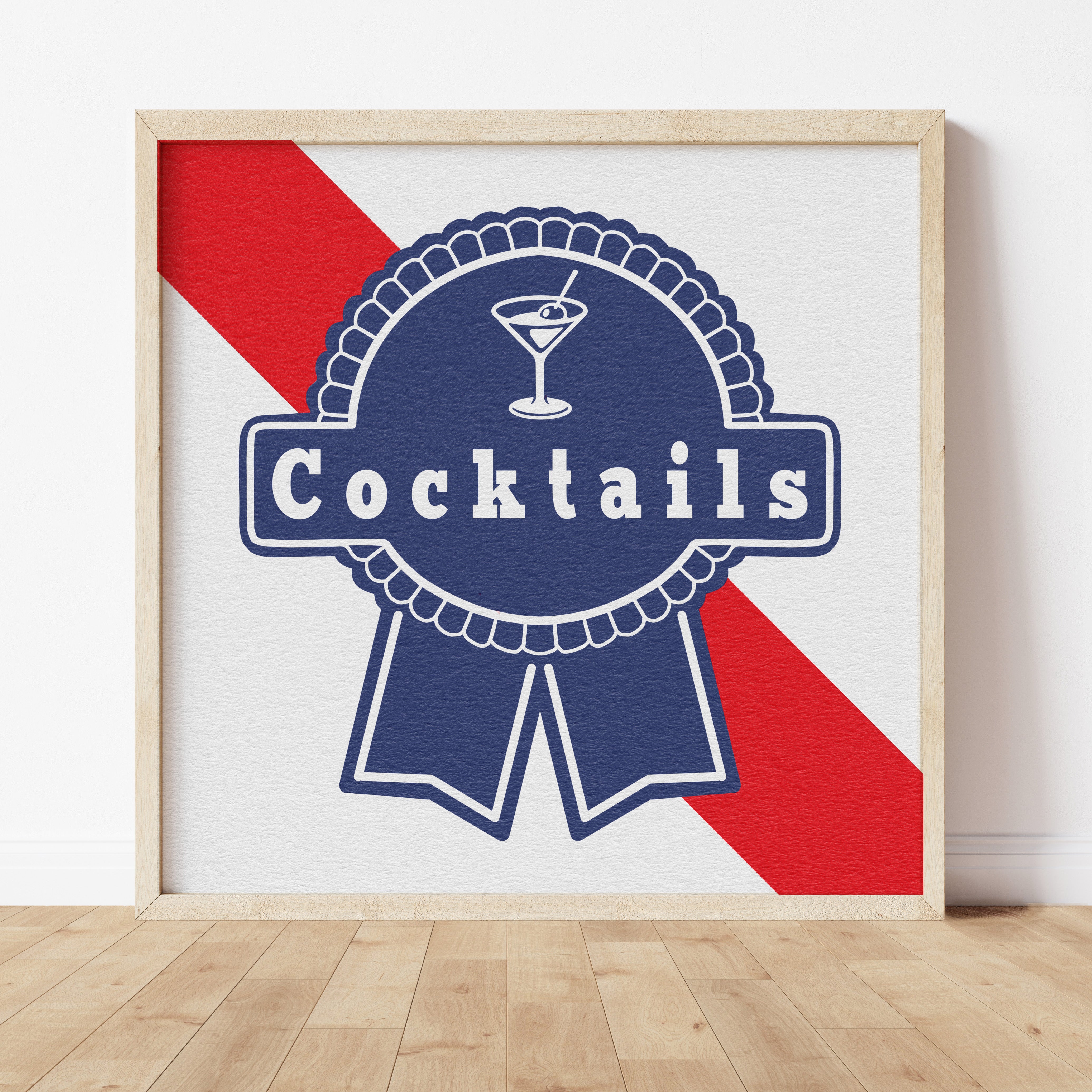 Cocktails Blue Banner Typography Square Art Print - Tejas Country Club