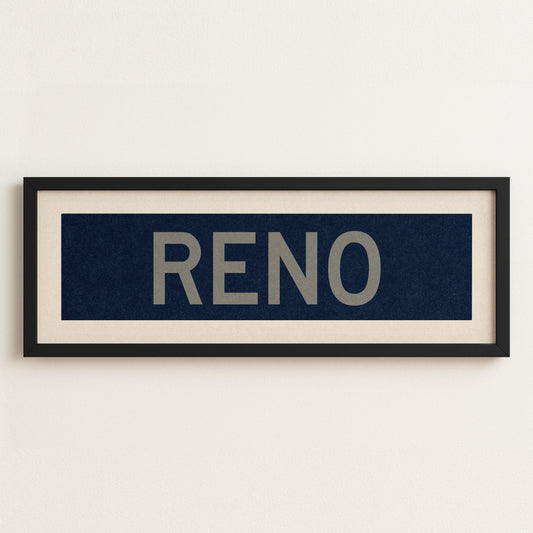 Framed Reno Navy and Silver Bus Scroll