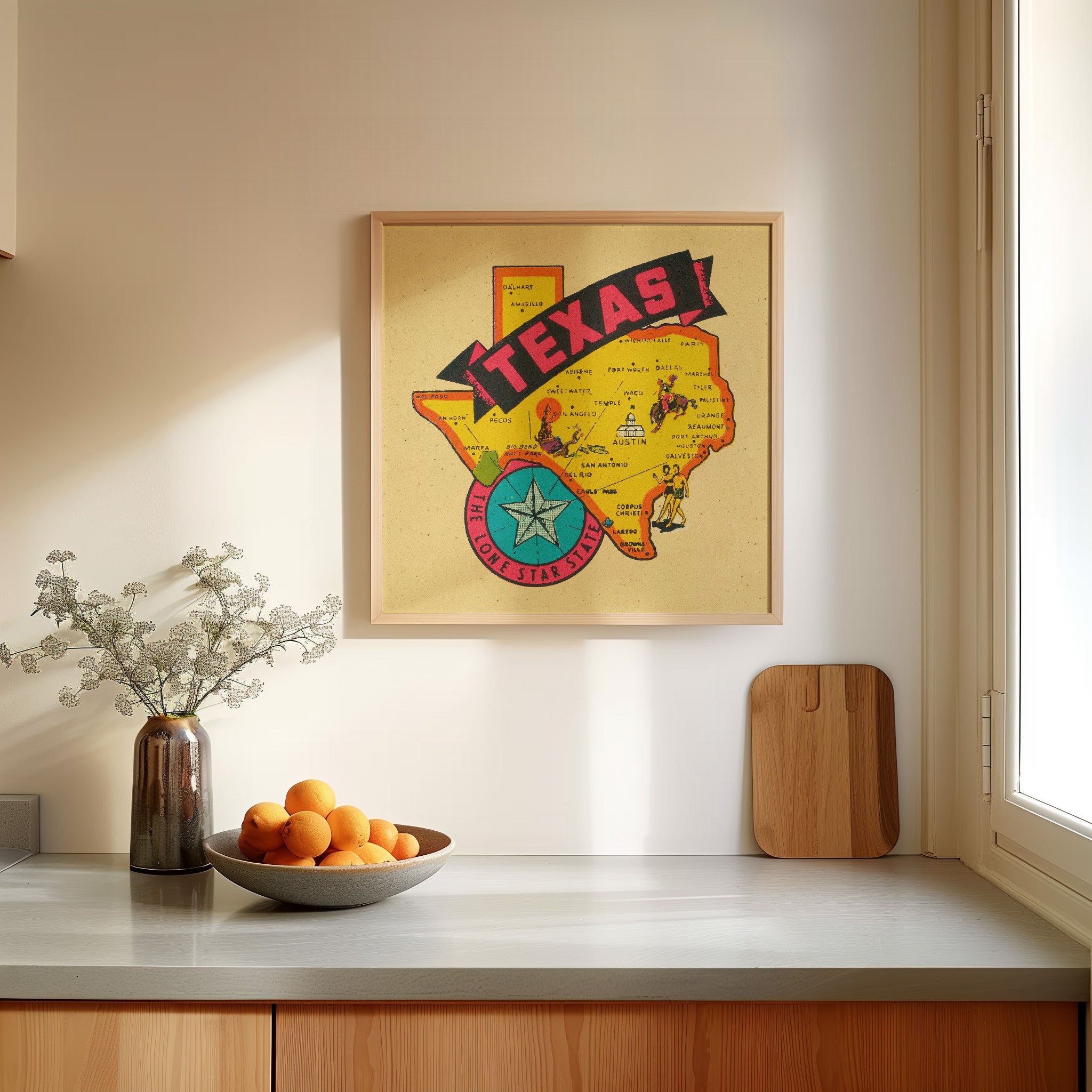 Vintage State of Texas Travel Map Decal Art Print - Tejas Country Club