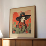 Desert Cowgirl Black Flat Brim Hat Linocut Style Art Print - Tejas Country Club