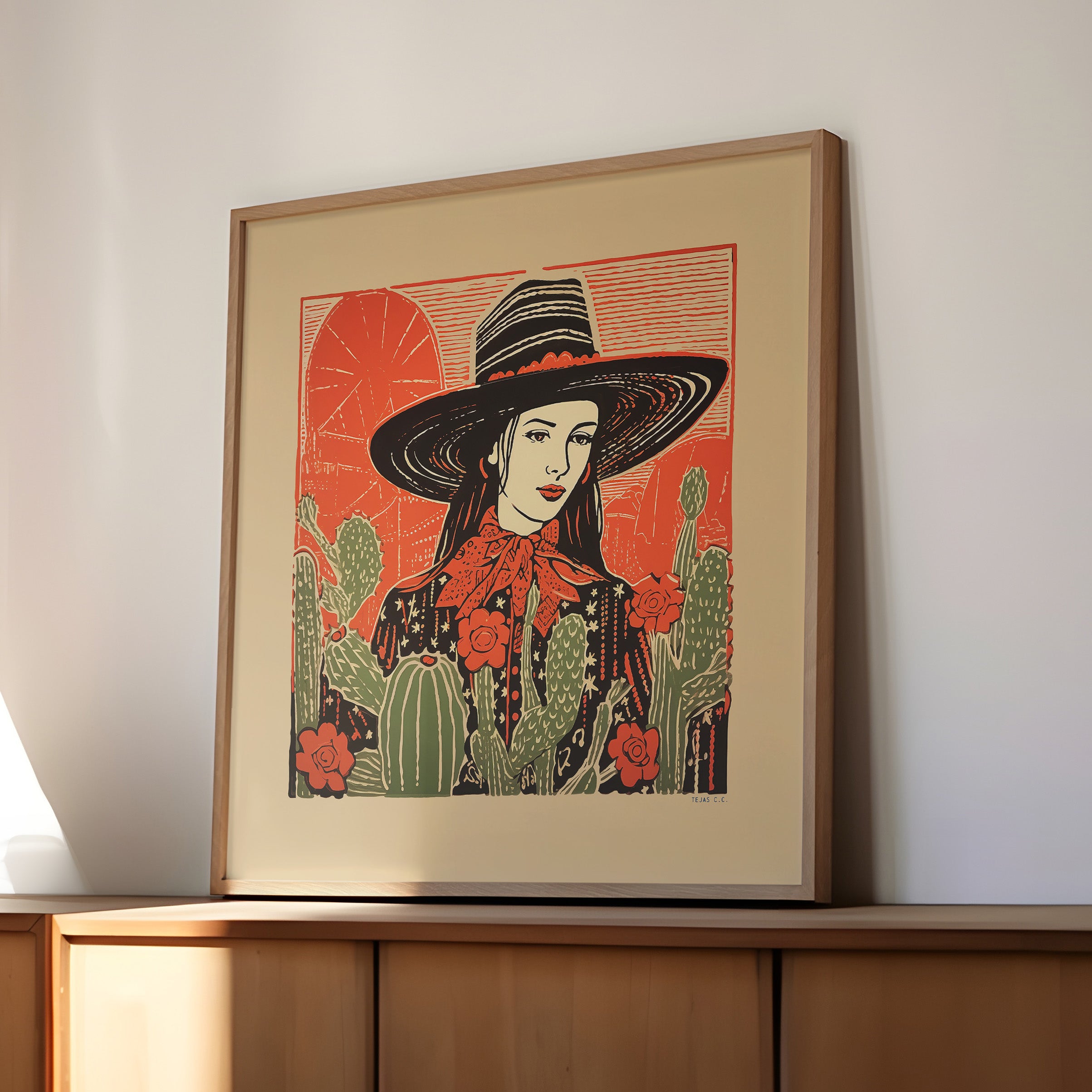 Desert Cowgirl Black Flat Brim Hat Linocut Style Art Print - Tejas Country Club