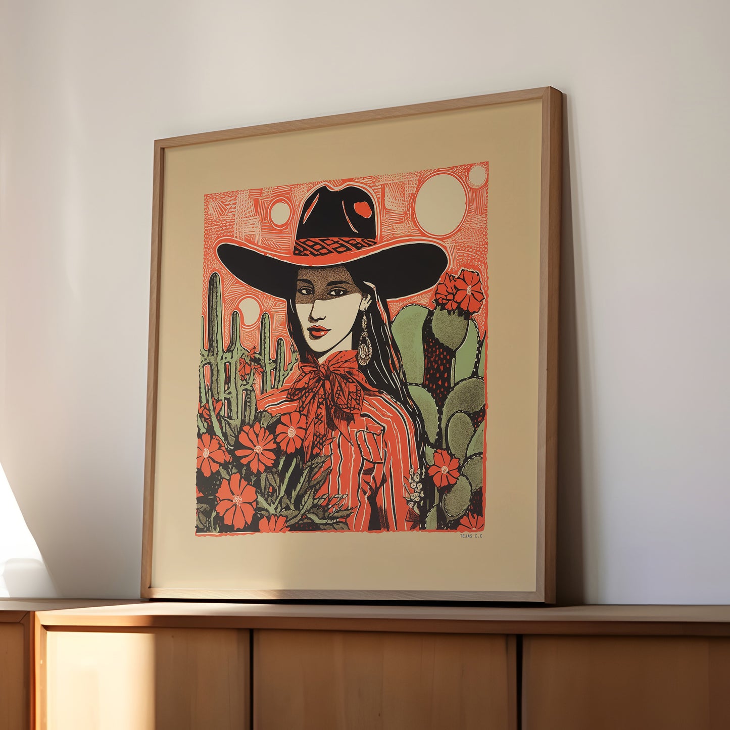 Desert Cowgirl Black Hat Red Band Linocut Style Art Print