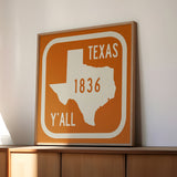 Texas Y'all Road Sign Art Print - Vintage Orange - Tejas Country Club