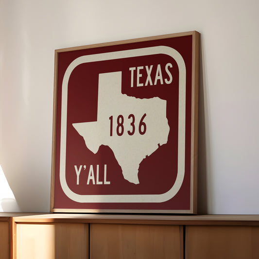 Texas Y'all Road Sign Art Print - Maroon