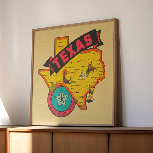 Vintage State of Texas Travel Map Decal Art Print
