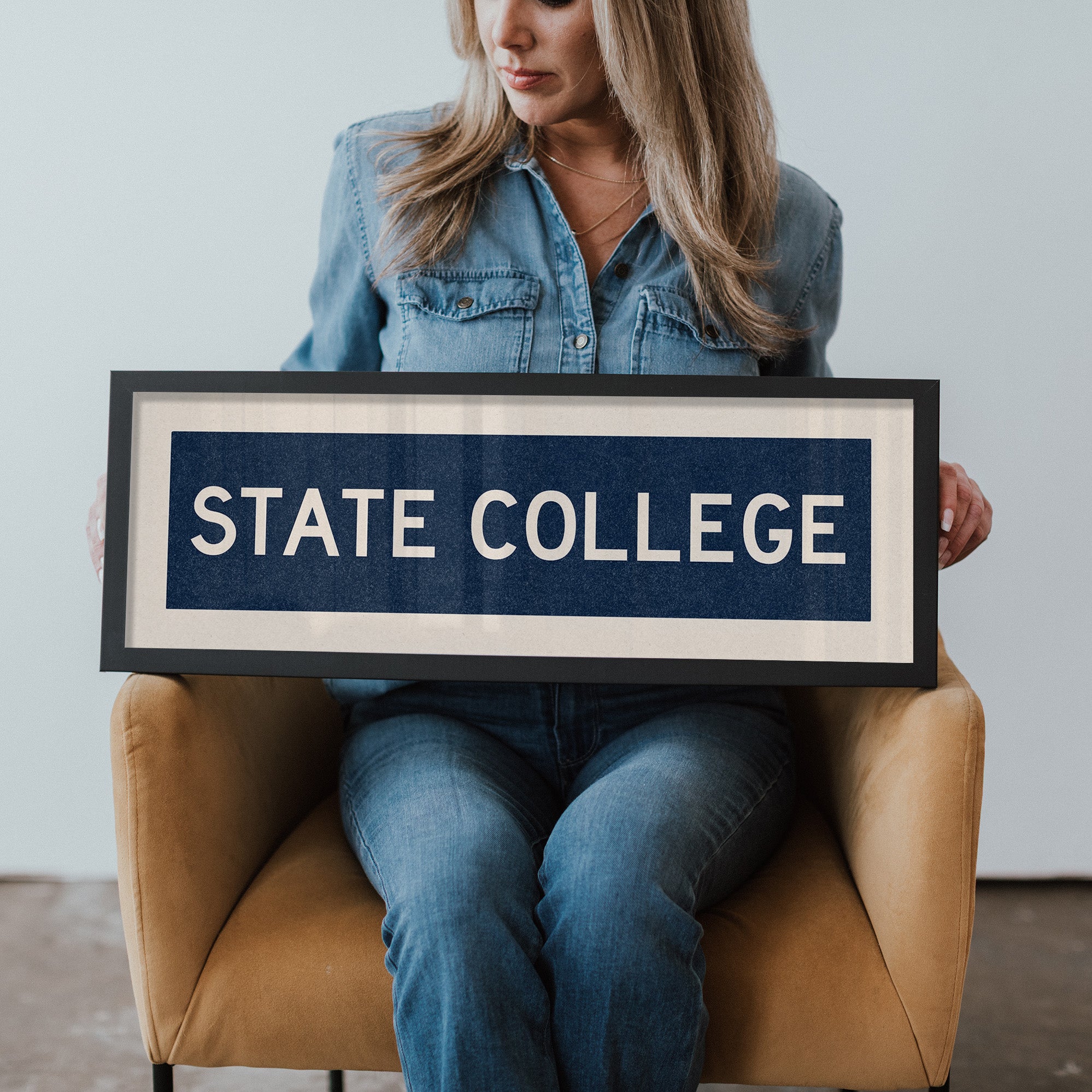 Framed State College Navy Bus Scroll - Tejas Country Club
