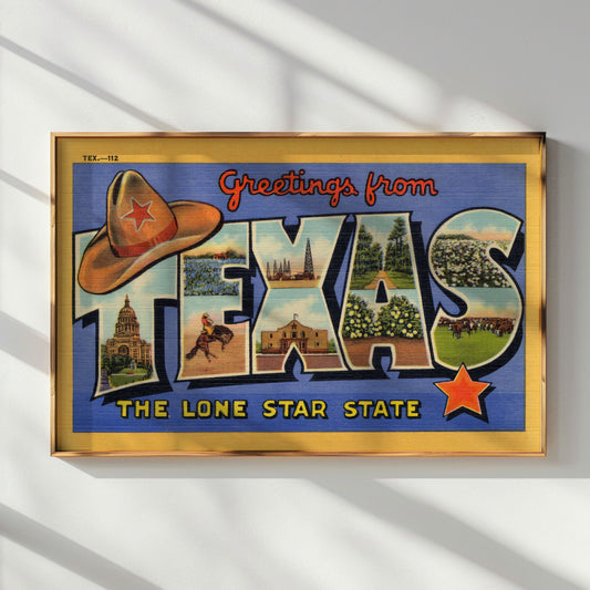 Greetings From Texas Vintage Postcard Print Blue