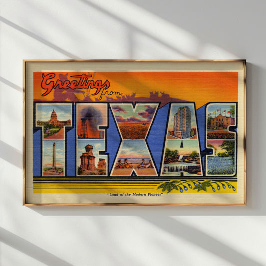 Greetings From Texas Vintage Postcard Print Orange