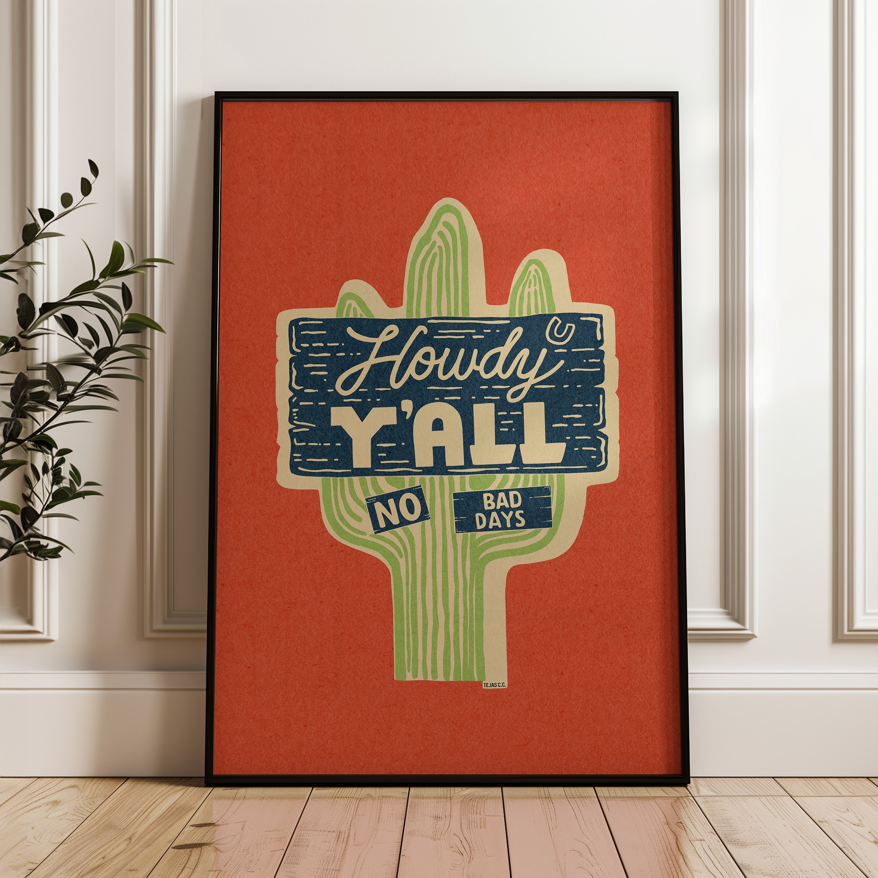 Howdy Y'all No Bad Days Vintage Cactus Sign Art Print - Tejas Country Club