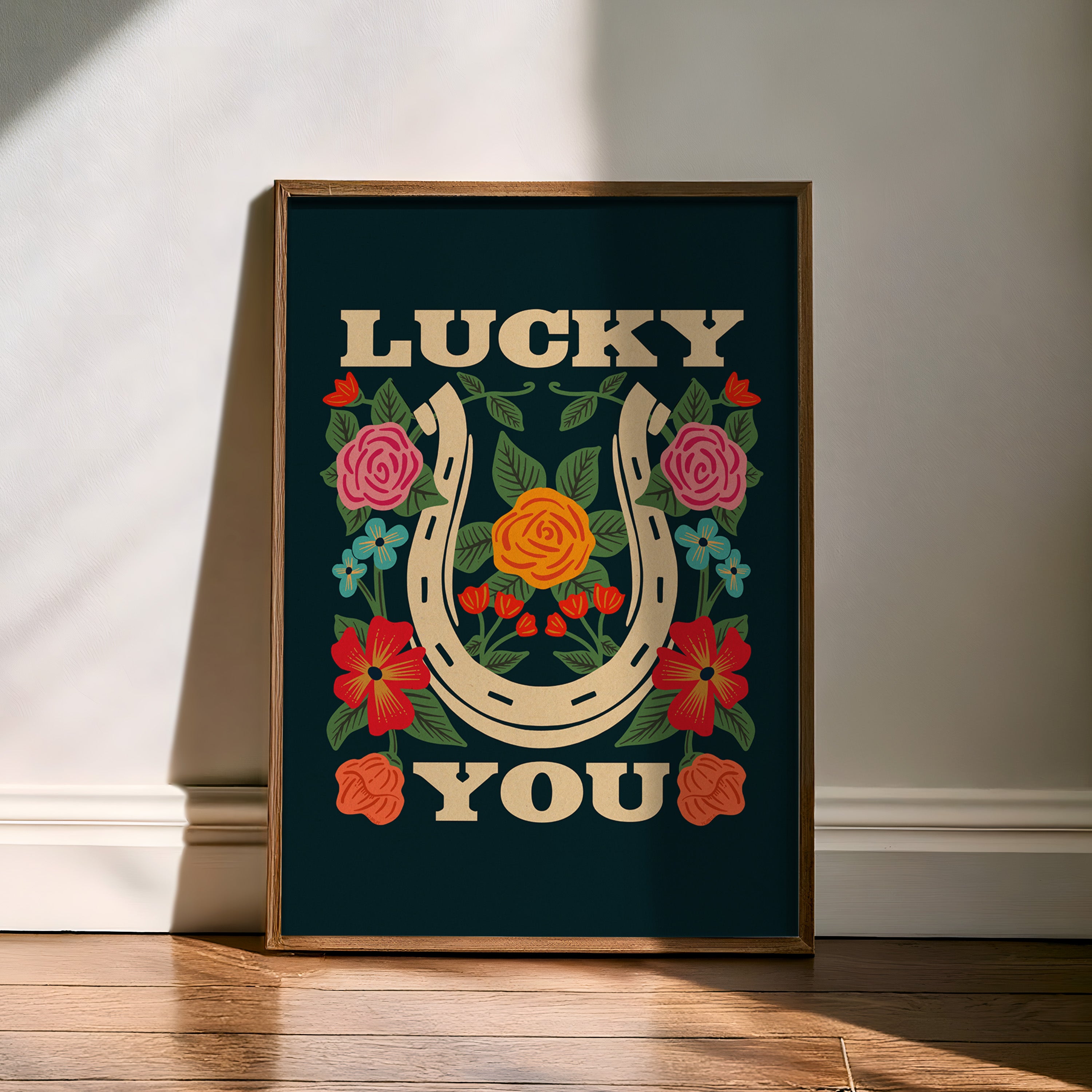 Lucky You Floral Horseshoe Art Print - Navy - Tejas Country Club