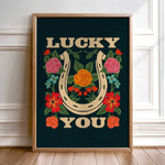 Lucky You Floral Horseshoe Art Print - Navy - Tejas Country Club