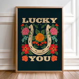 Lucky You Floral Horseshoe Art Print - Navy - Tejas Country Club