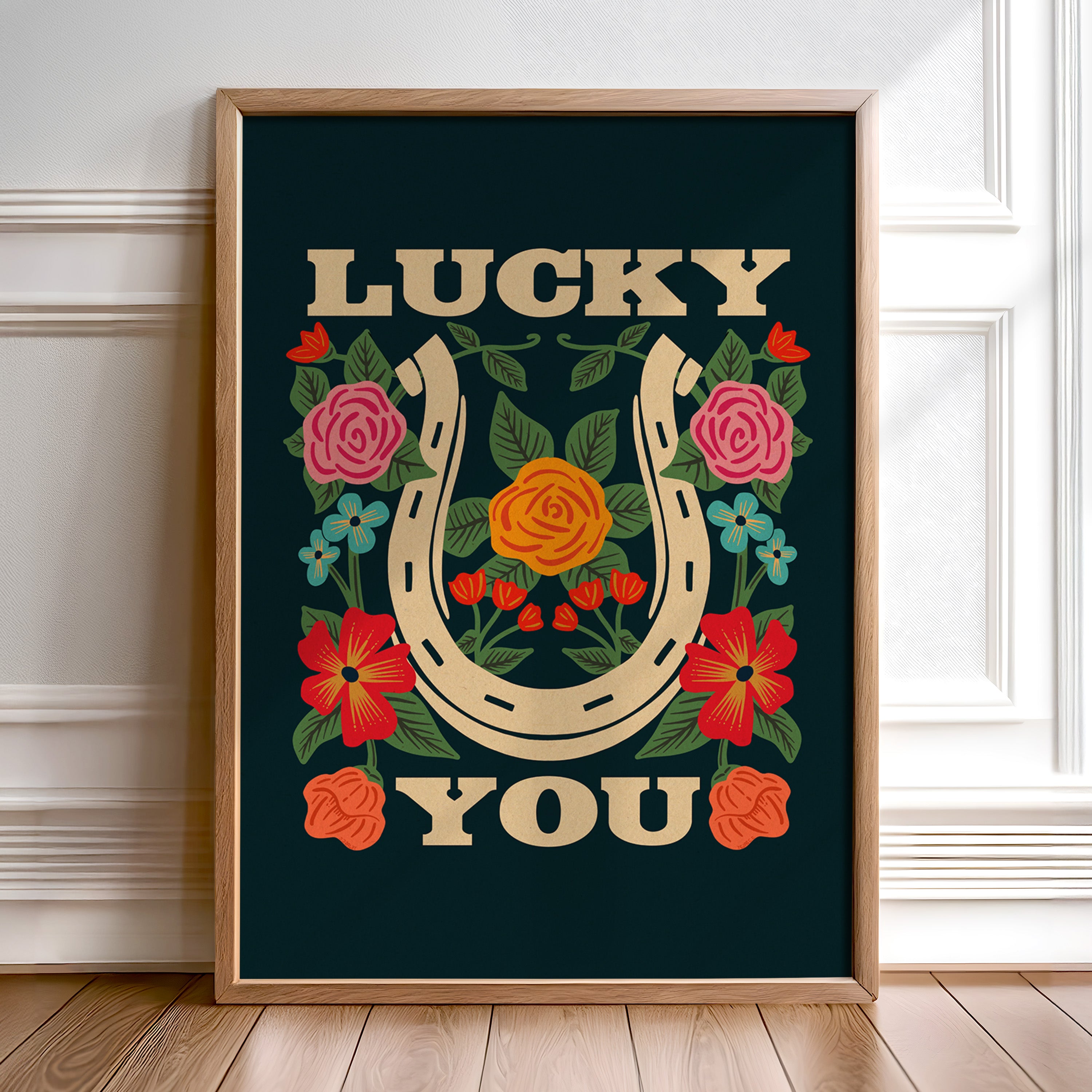 Lucky You Floral Horseshoe Art Print - Navy - Tejas Country Club