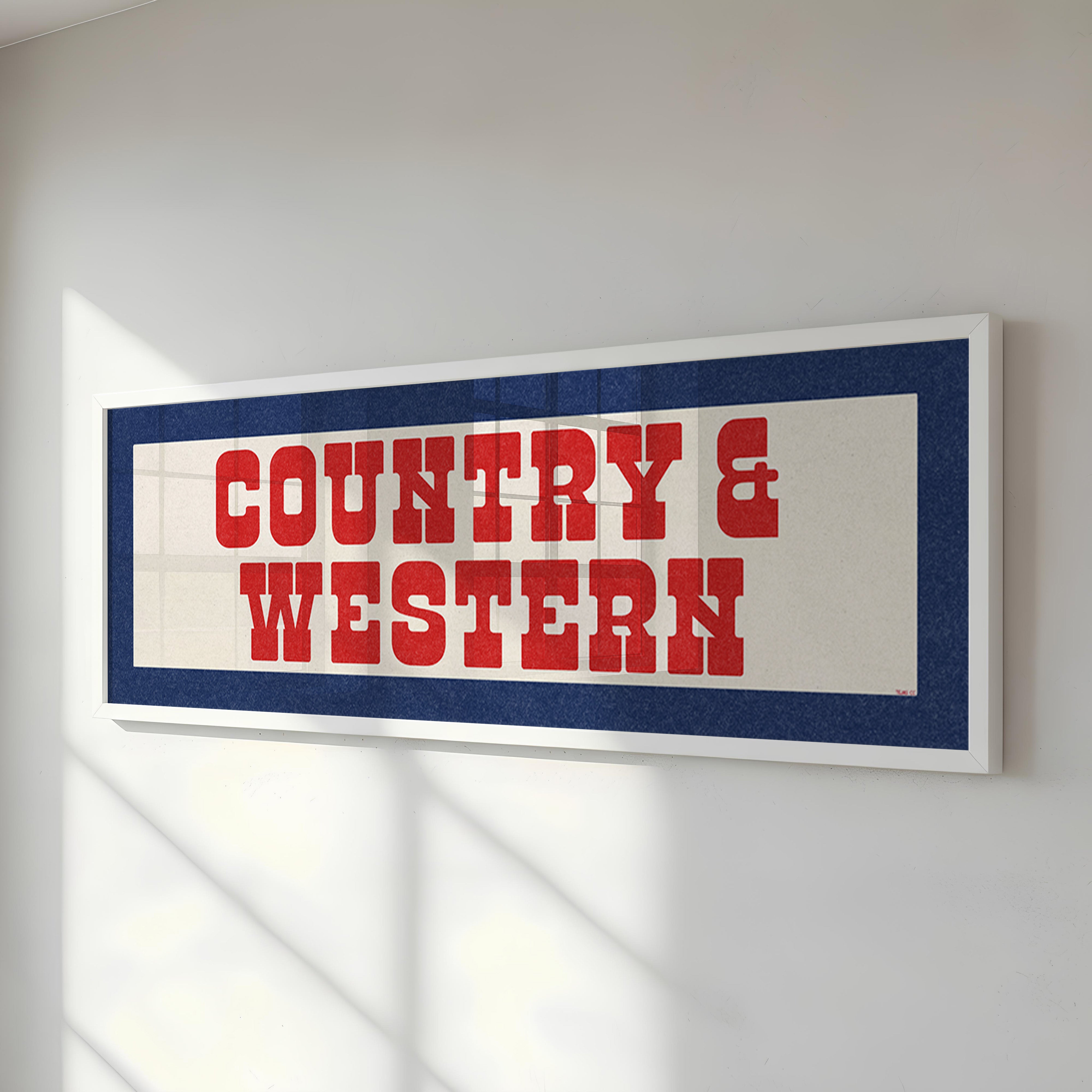 Framed COUNTRY & WESTERN Sign White & Red / Blue Art Print (FRAMED) - Tejas Country Club