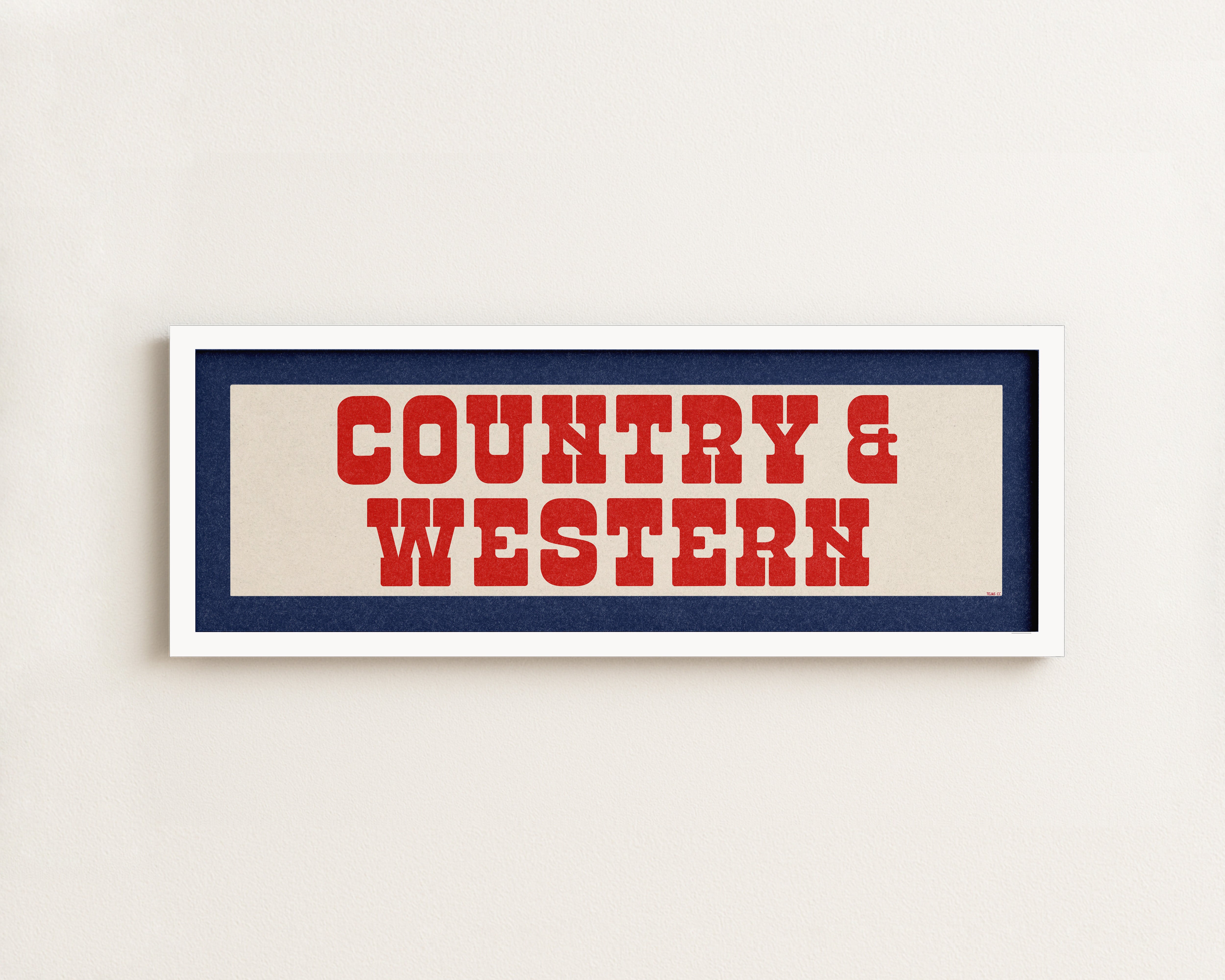Framed COUNTRY & WESTERN Sign White & Red / Blue Art Print (FRAMED) - Tejas Country Club