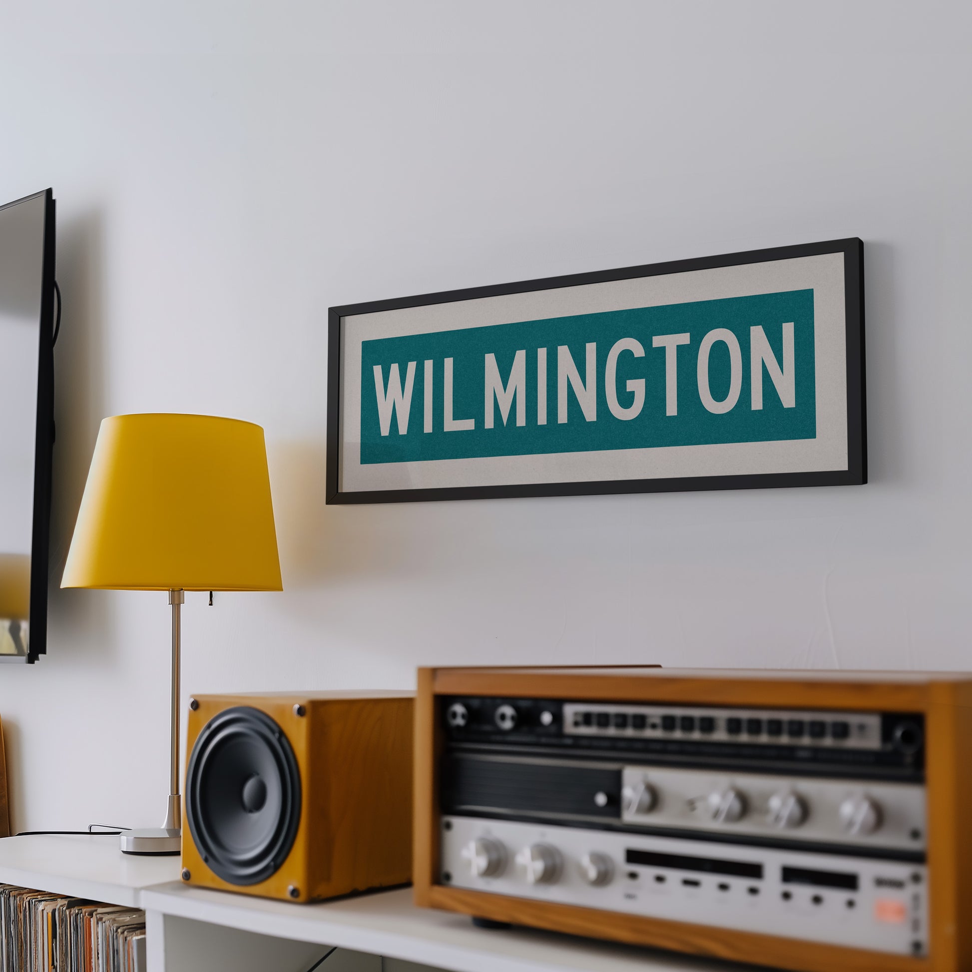 Framed Wilmington Teal and White Bus Scroll - Tejas Country Club