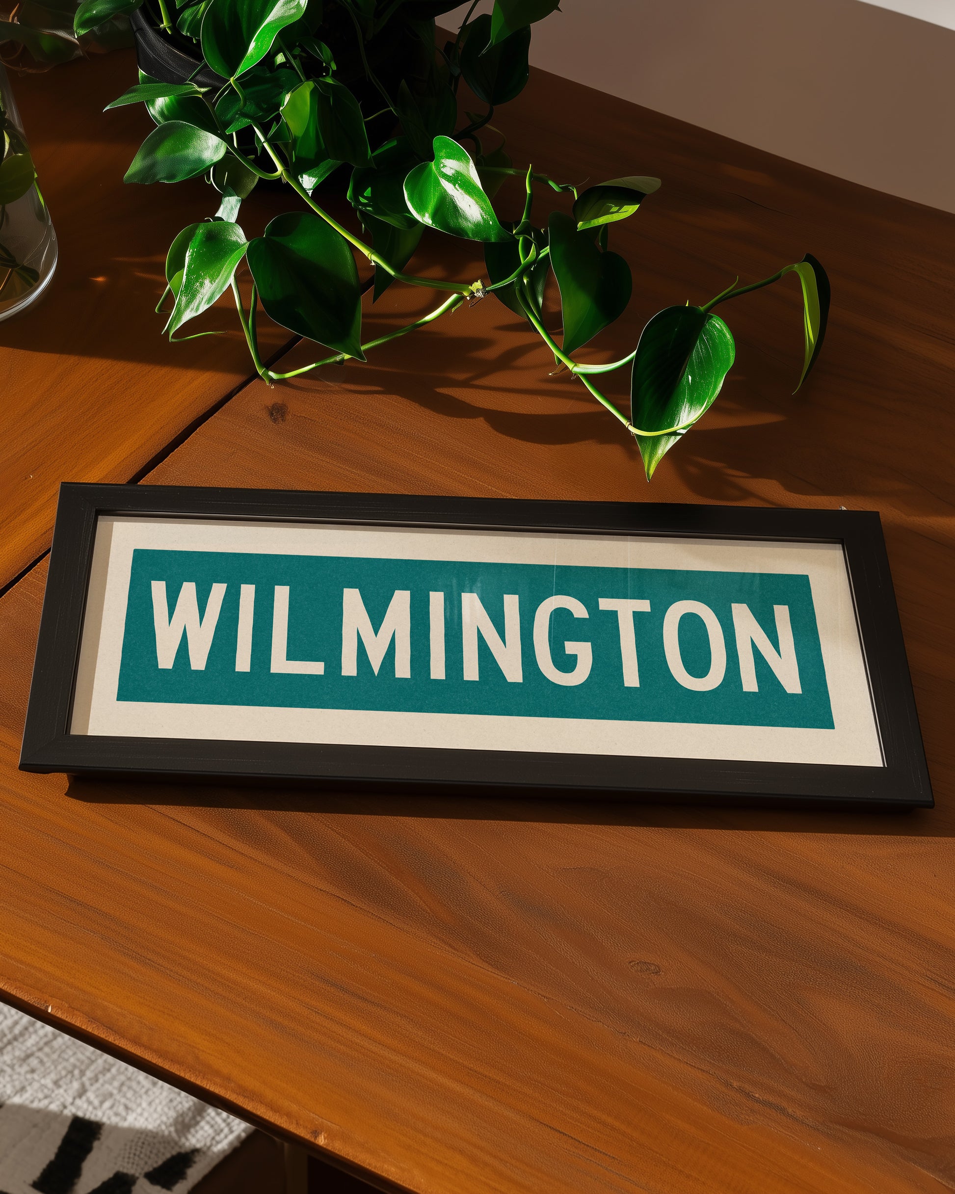 Framed Wilmington Teal and White Bus Scroll - Tejas Country Club