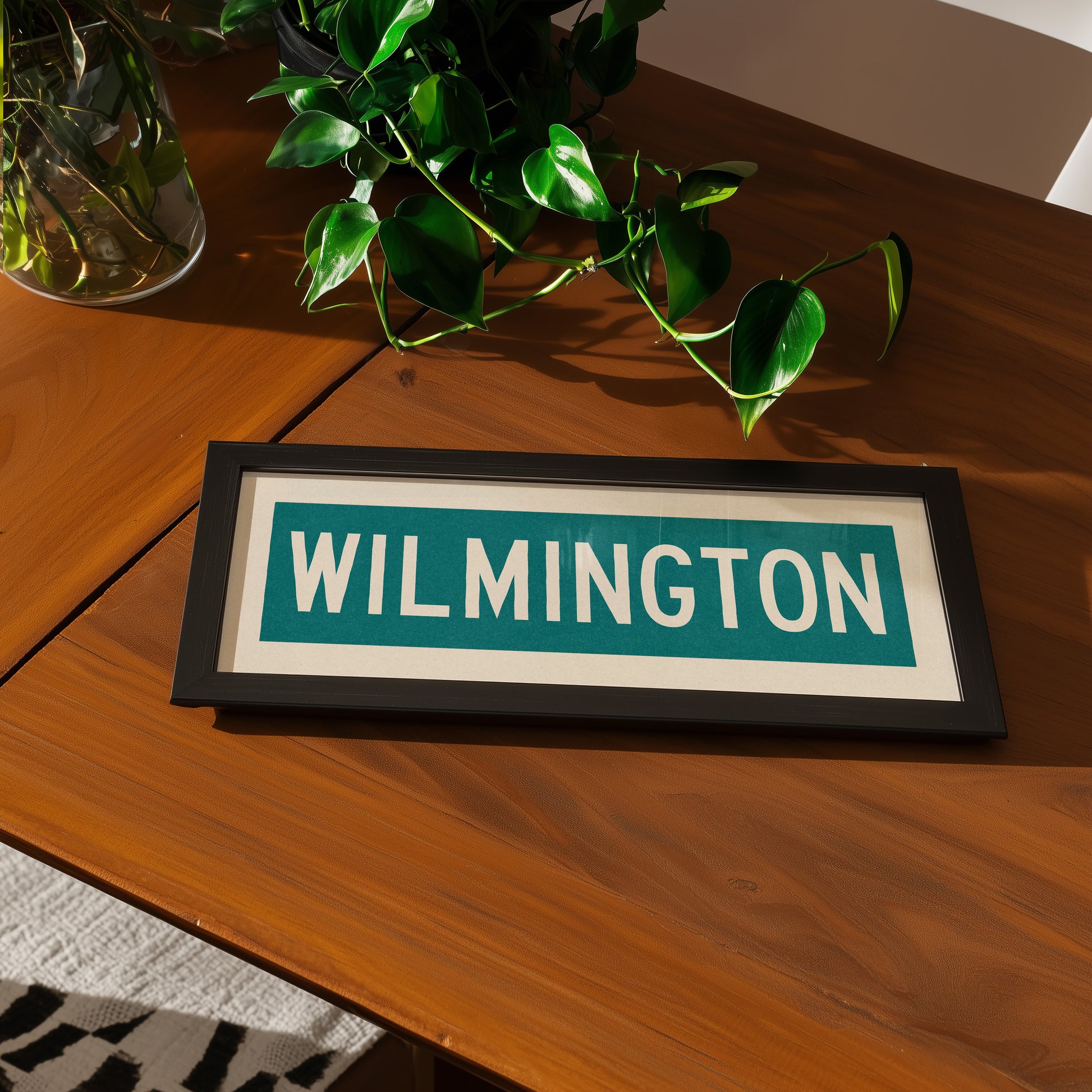 Framed Wilmington Teal and White Bus Scroll - Tejas Country Club