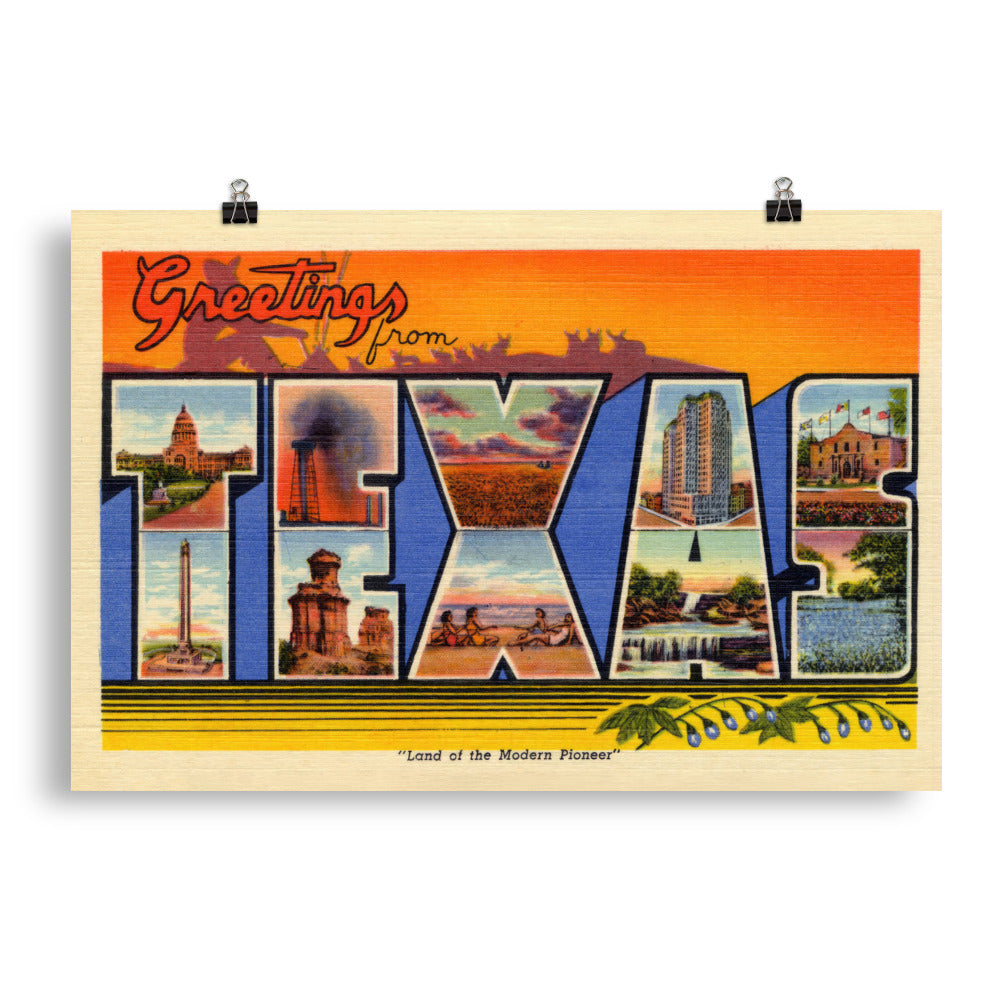 Greetings From Texas Vintage Postcard Print Orange