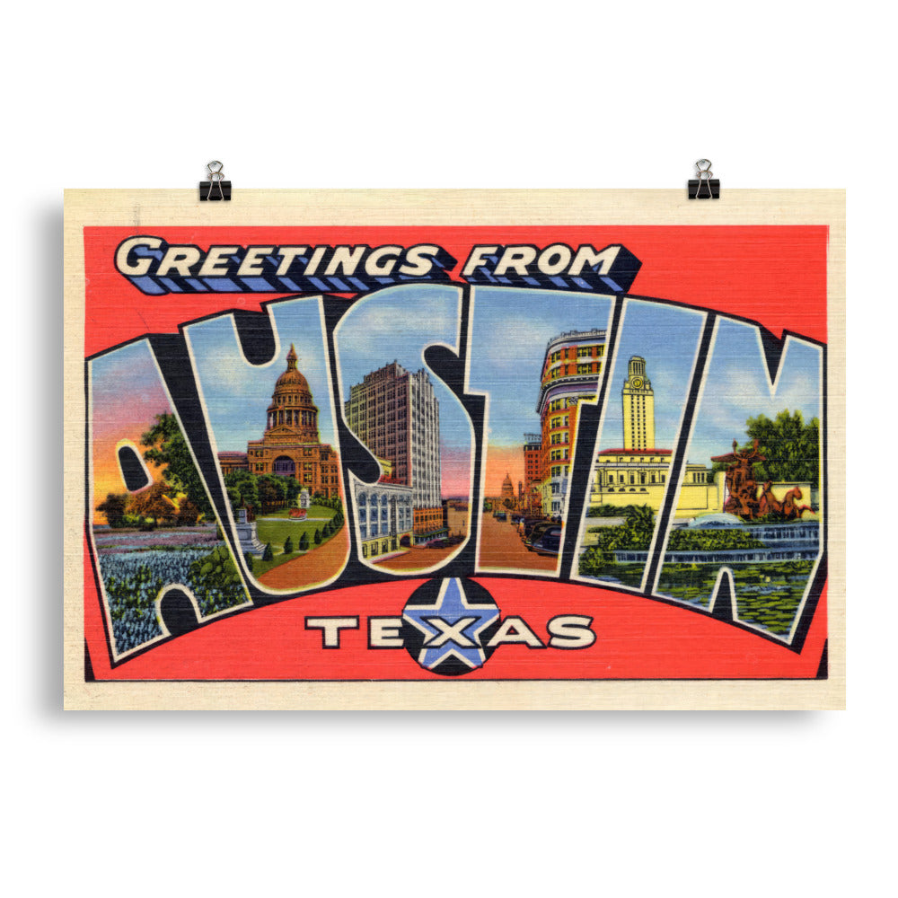 Austin Texas Vintage Postcard Print