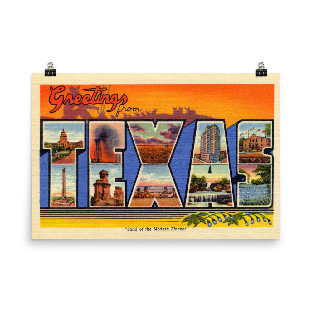 Greetings From Texas Vintage Postcard Print Orange