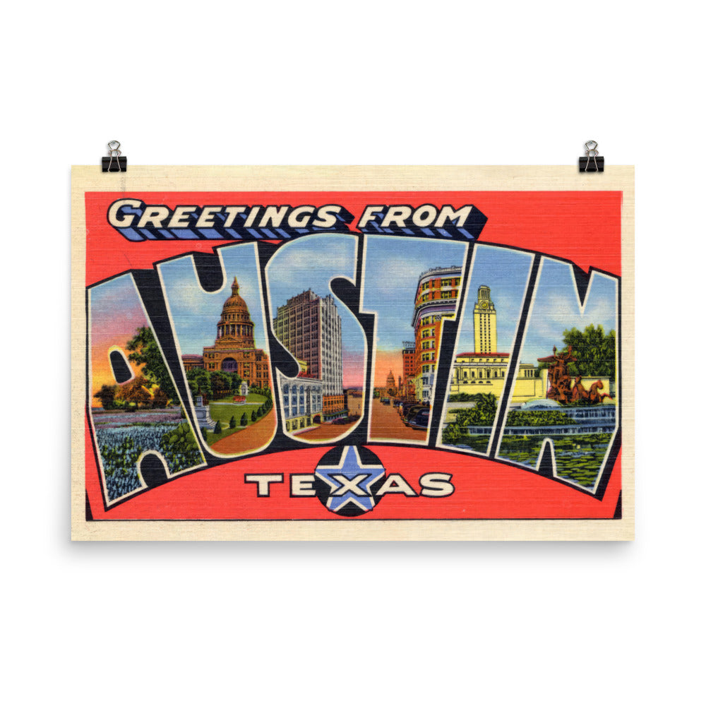 Austin Texas Vintage Postcard Print